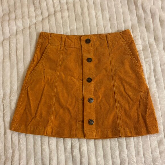💛 Tan-Yellow Vintage Forever 21 Button Down Corduroy A-Line Skirt - Picture 1 of 4